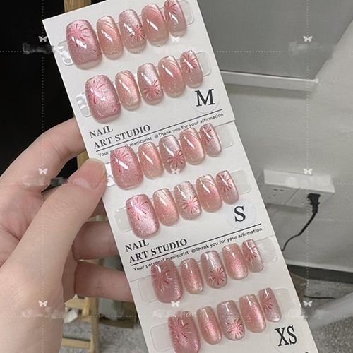 Pink fireworks glitter cat eyes wearing armor flashing fireworks cat eyes wearing armor nail stickers  soft nail plates view 3