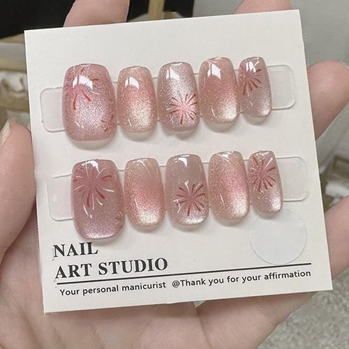 Pink fireworks glitter cat eyes wearing armor flashing fireworks cat eyes wearing armor nail stickers  soft nail plates view 2