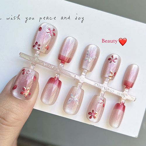 Pink fireworks glitter cat eyes wearing armor flashing fireworks cat eyes wearing armor nail stickers  soft nail plates view 4