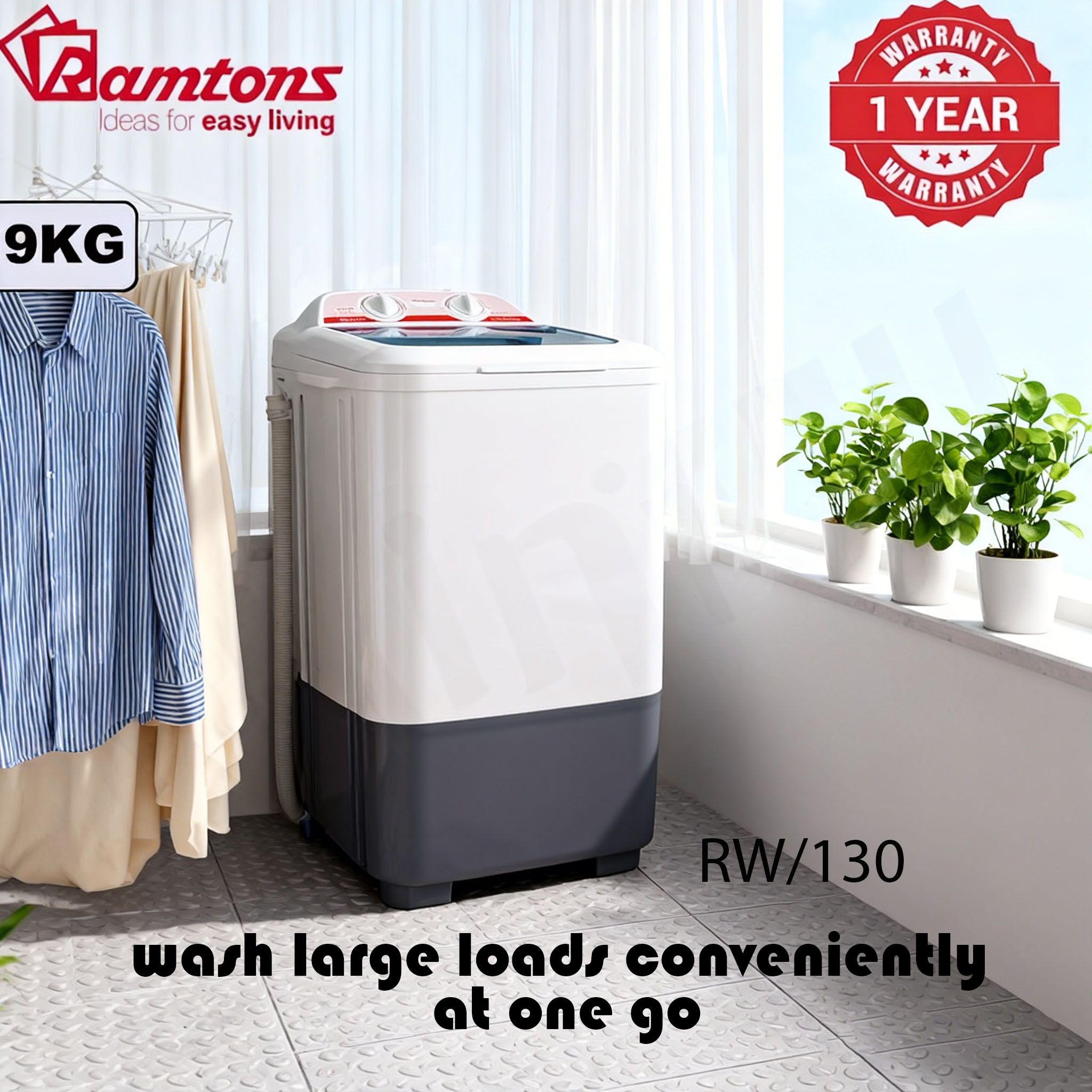 Ramtons SINGLE TUB SEMI AUTOMATIC 9KG WASH ONLY - RW/130 Front Load Washing Machine washing machine semi-automatic washing machine[Black Friday!]