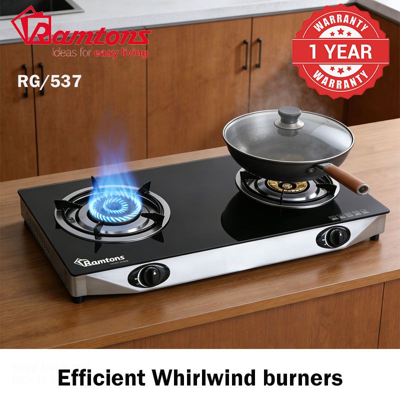 Ramtons RG/537 2 BURNER SUPER SLIM CERAMIC TOP,Dual gas burners, Stylish ceramic finish, Efficient Whirlwind burners, 6mm toughened glass top, Pulse auto-ignition,