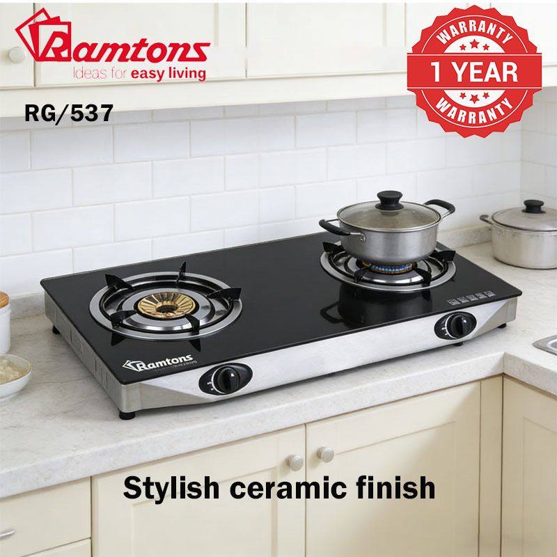 Ramtons RG/537 2 BURNER SUPER SLIM CERAMIC TOP,Dual gas burners, Stylish ceramic finish, Efficient Whirlwind burners, 6mm toughened glass top, Pulse auto-ignition,