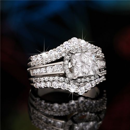 Lady New Fashion Zircon Imitation Engagement Ring  Double-layer Two-in-one Super Flash  Ring Women's Square Splicing Crown Wedding Ring