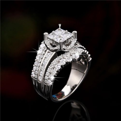 Lady New Fashion Zircon Imitation Engagement Ring  Double-layer Two-in-one Super Flash  Ring Women's Square Splicing Crown Wedding Ring