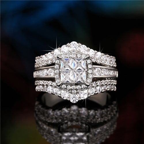Lady New Fashion Zircon Imitation Engagement Ring  Double-layer Two-in-one Super Flash  Ring Women's Square Splicing Crown Wedding Ring