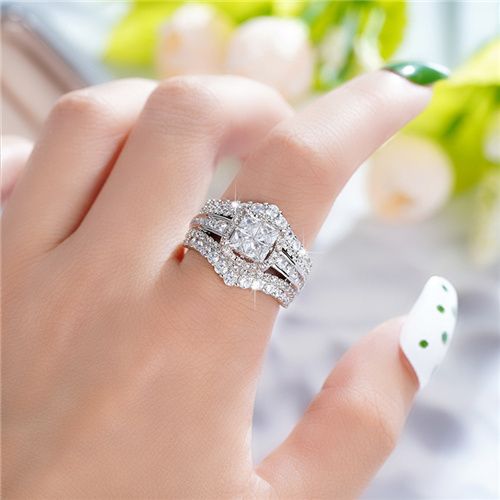 Lady New Fashion Zircon Imitation Engagement Ring  Double-layer Two-in-one Super Flash  Ring Women's Square Splicing Crown Wedding Ring