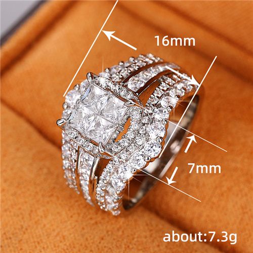 Lady New Fashion Zircon Imitation Engagement Ring  Double-layer Two-in-one Super Flash  Ring Women's Square Splicing Crown Wedding Ring