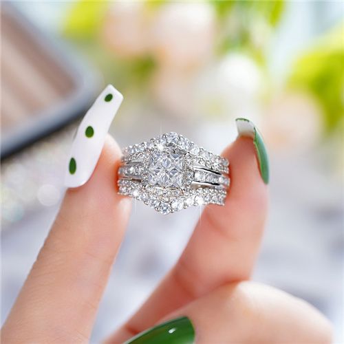 Lady New Fashion Zircon Imitation Engagement Ring  Double-layer Two-in-one Super Flash  Ring Women's Square Splicing Crown Wedding Ring