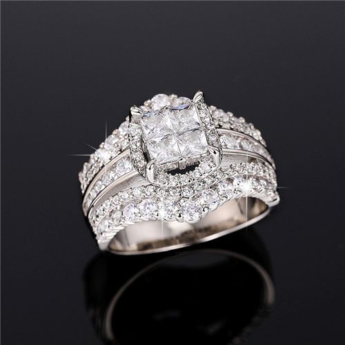 Lady New Fashion Zircon Imitation Engagement Ring  Double-layer Two-in-one Super Flash  Ring Women's Square Splicing Crown Wedding Ring