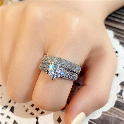 Women New Fashion Wedding Rings Two Pcs set Engagement Ring Lady Inlaid Zircon Luxury Wedding Ring Party Proposal Ring