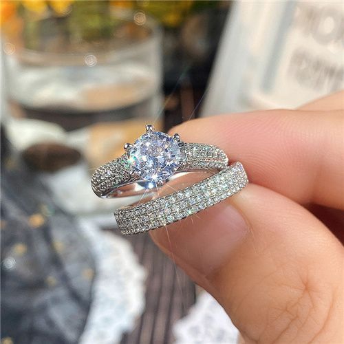 Women New Fashion Wedding Rings Two Pcs set Engagement Ring Lady Inlaid Zircon Luxury Wedding Ring Party Proposal Ring
