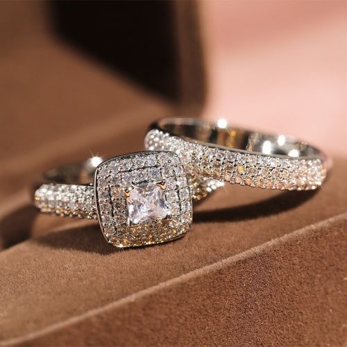 Lady Popular Wedding Proposal Rings full of Diamonds Micro-paved Couples Princess Cut Diamond Set Ring Fashion Luxury Engagement Ring