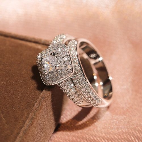 Lady Popular Wedding Proposal Rings full of Diamonds Micro-paved Couples Princess Cut Diamond Set Ring Fashion Luxury Engagement Ring