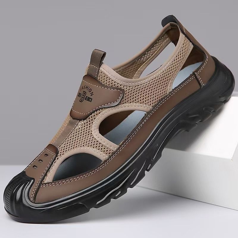 Men's breathable driving hole shoes, mesh cloth toe opening hollow outdoor casual shoes, casual versatile hiking sandals.