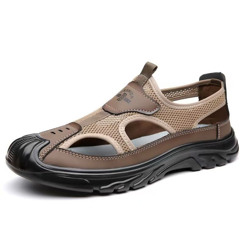 Men's breathable driving hole shoes, mesh cloth toe opening hollow outdoor casual shoes, casual versatile hiking sandals.