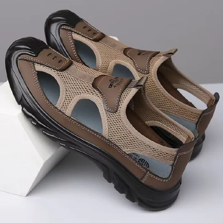 Men's breathable driving hole shoes, mesh cloth toe opening hollow outdoor casual shoes, casual versatile hiking sandals.