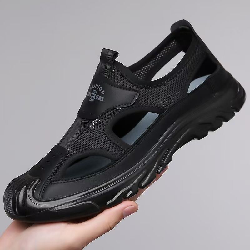Men's breathable driving hole shoes, mesh cloth toe opening hollow outdoor casual shoes, casual versatile hiking sandals.