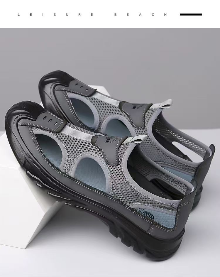 Men's breathable driving hole shoes, mesh cloth toe opening hollow outdoor casual shoes, casual versatile hiking sandals.
