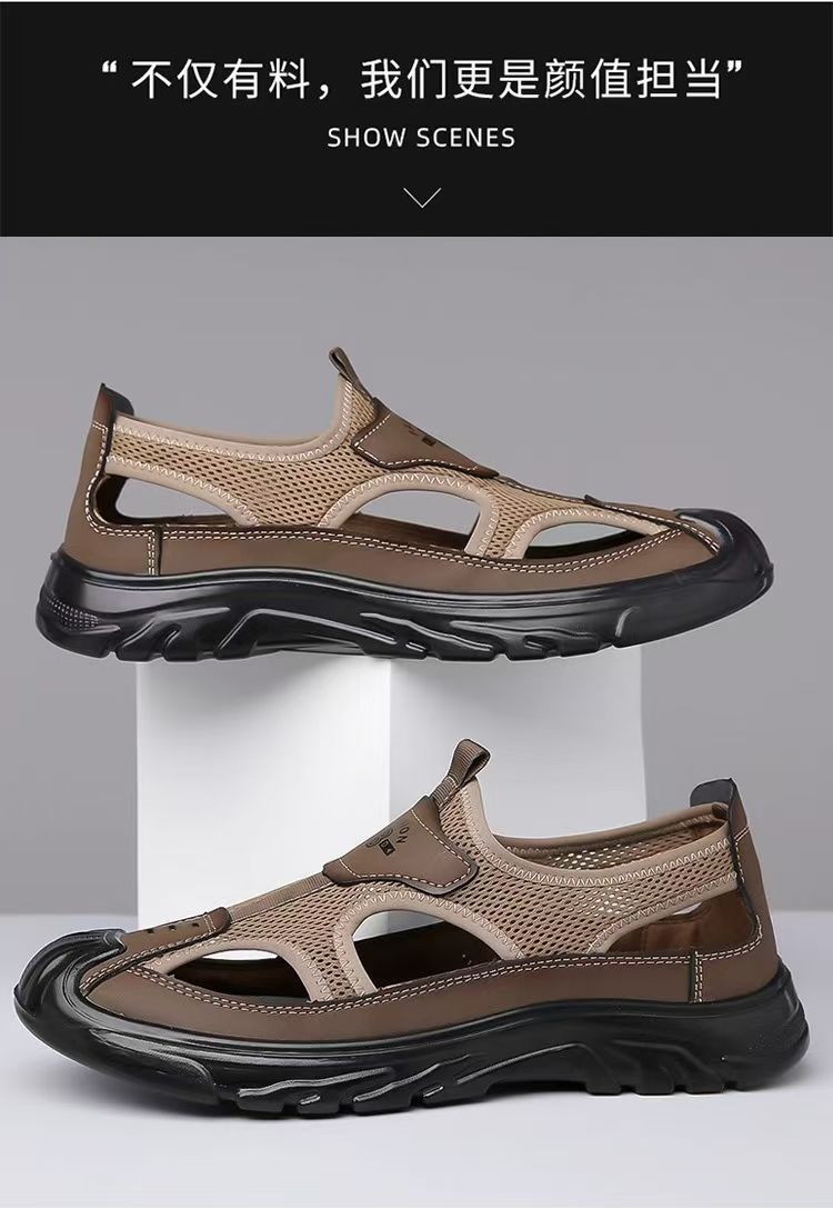 Men's breathable driving hole shoes, mesh cloth toe opening hollow outdoor casual shoes, casual versatile hiking sandals.