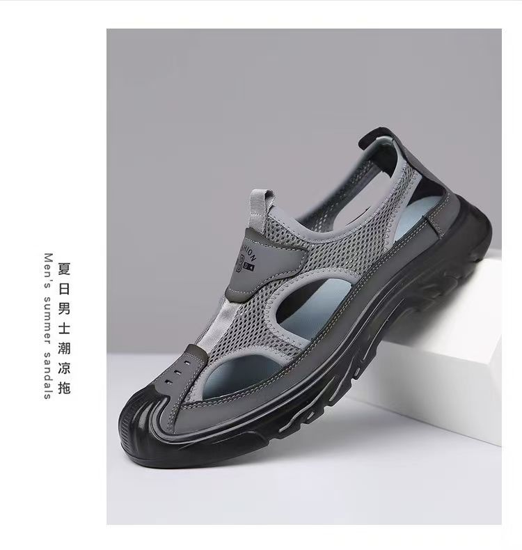 Men's breathable driving hole shoes, mesh cloth toe opening hollow outdoor casual shoes, casual versatile hiking sandals.