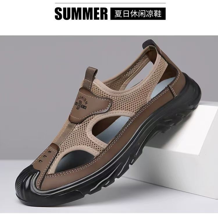 Men's breathable driving hole shoes, mesh cloth toe opening hollow outdoor casual shoes, casual versatile hiking sandals.