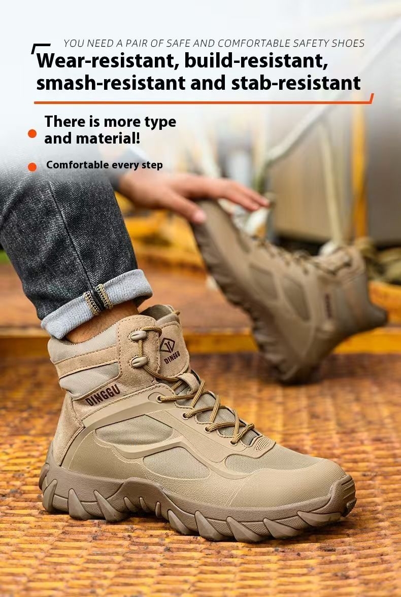 Large size safety boots with anti smashing and anti piercing Kevlar soles and steel toe caps, wear-resistant work shoes.