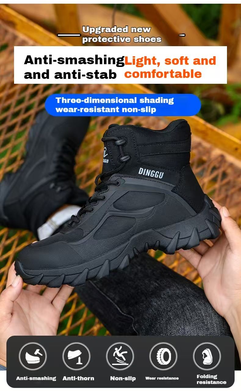 Large size safety boots with anti smashing and anti piercing Kevlar soles and steel toe caps, wear-resistant work shoes.