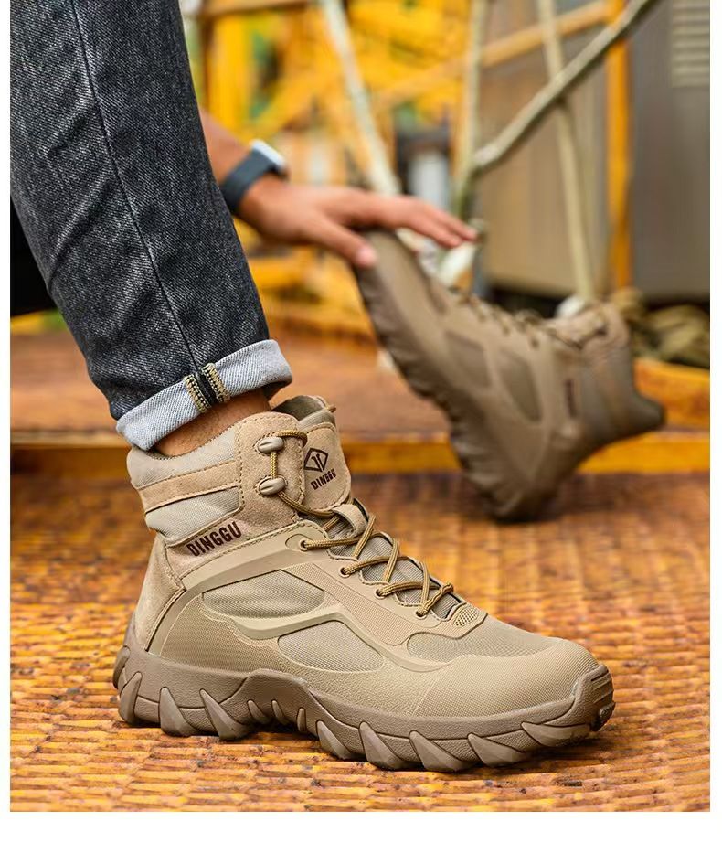 Large size safety boots with anti smashing and anti piercing Kevlar soles and steel toe caps, wear-resistant work shoes.