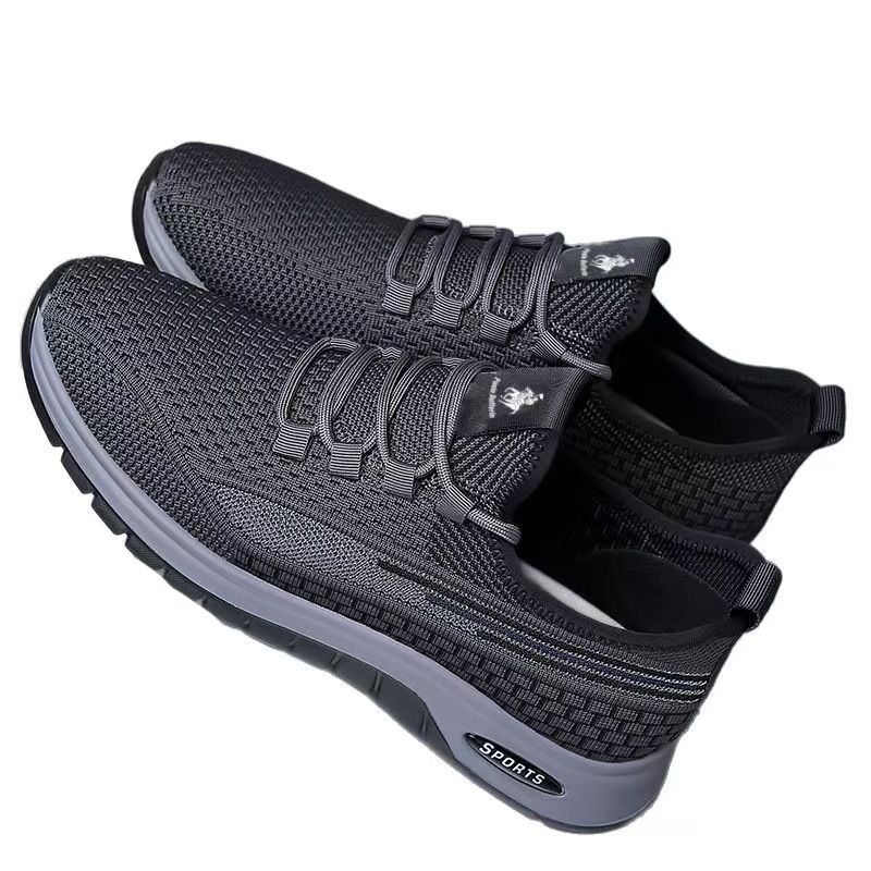 Running shoes with fly woven mesh surface, breathable and lightweight casual shoes, simple black, fashionable and trendy sports shoes.