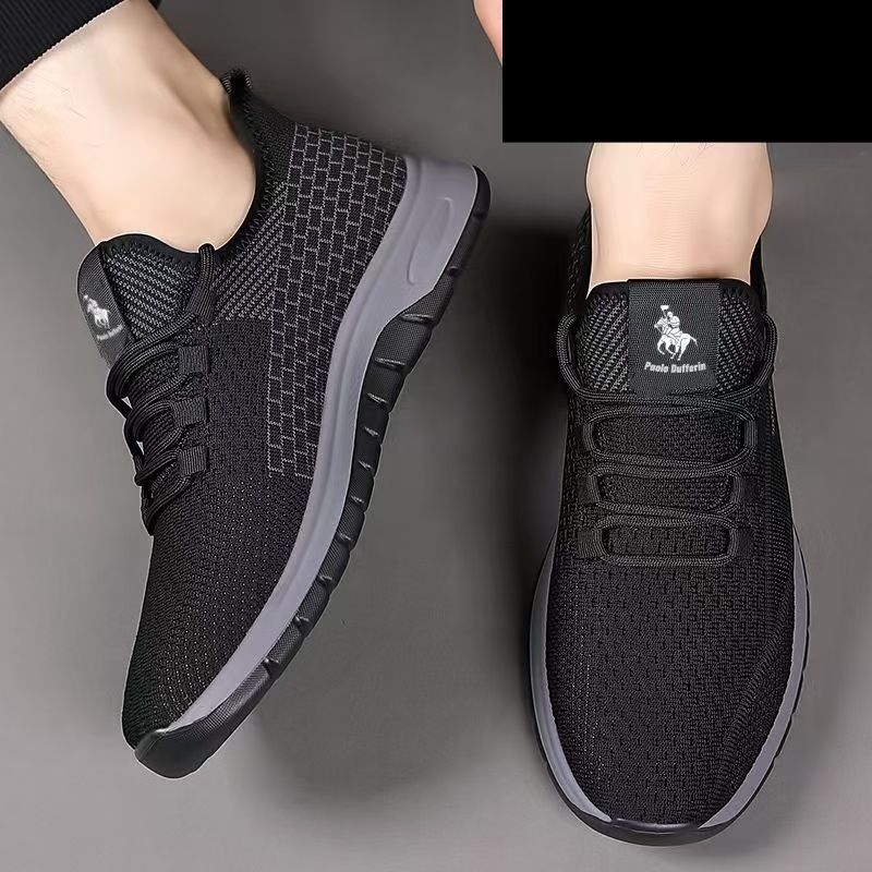 Running shoes with fly woven mesh surface, breathable and lightweight casual shoes, simple black, fashionable and trendy sports shoes.