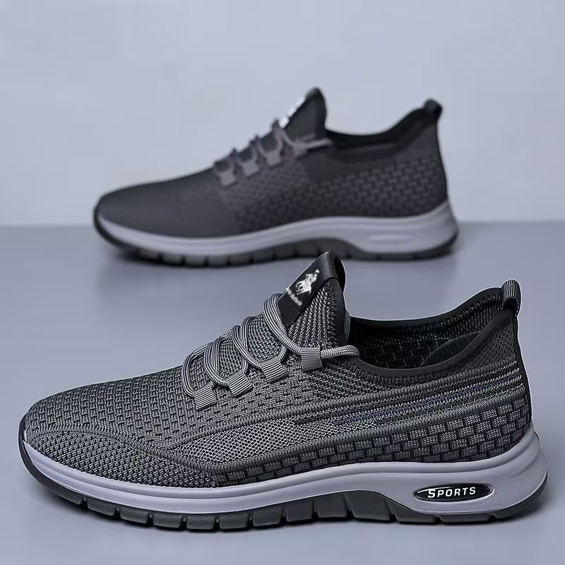 Running shoes with fly woven mesh surface, breathable and lightweight casual shoes, simple black, fashionable and trendy sports shoes.