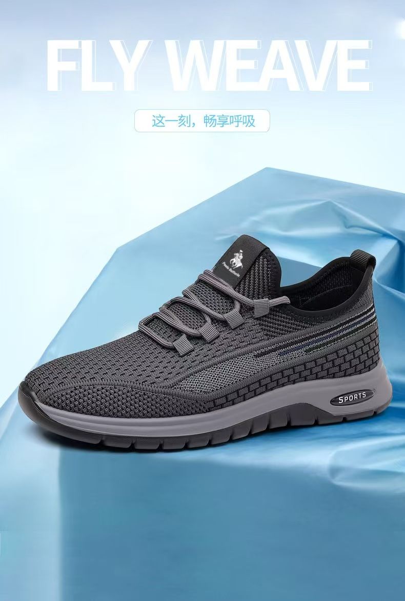 Running shoes with fly woven mesh surface, breathable and lightweight casual shoes, simple black, fashionable and trendy sports shoes.