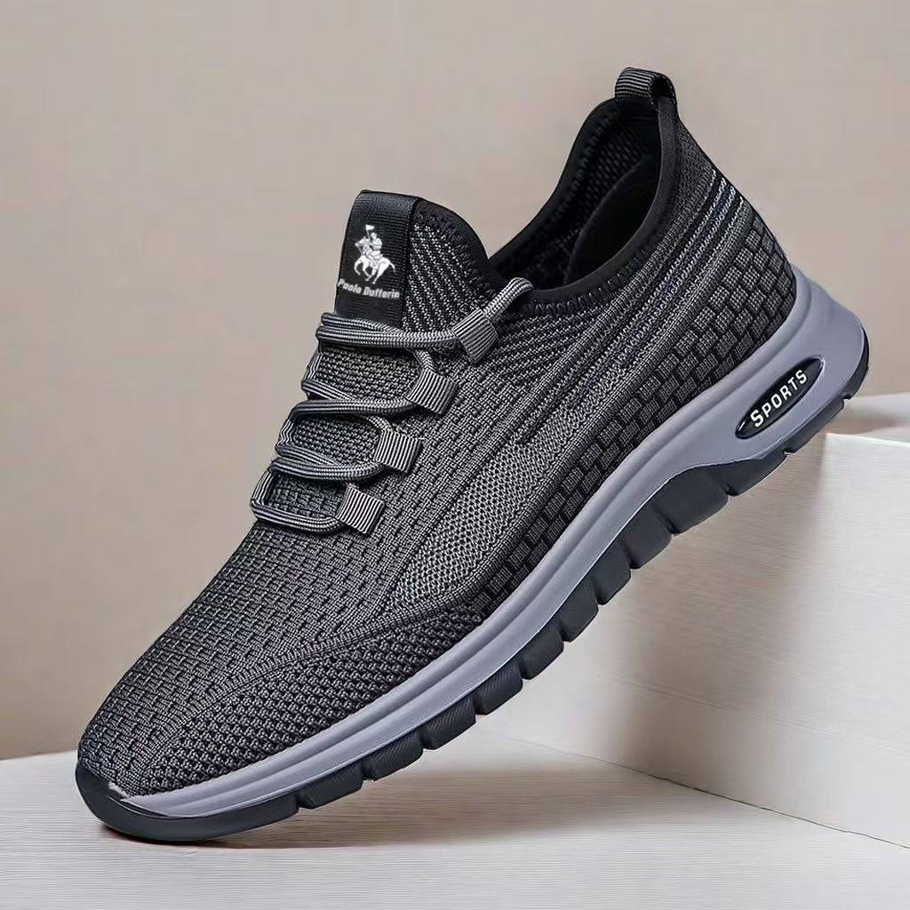 Running shoes with fly woven mesh surface, breathable and lightweight casual shoes, simple black, fashionable and trendy sports shoes.