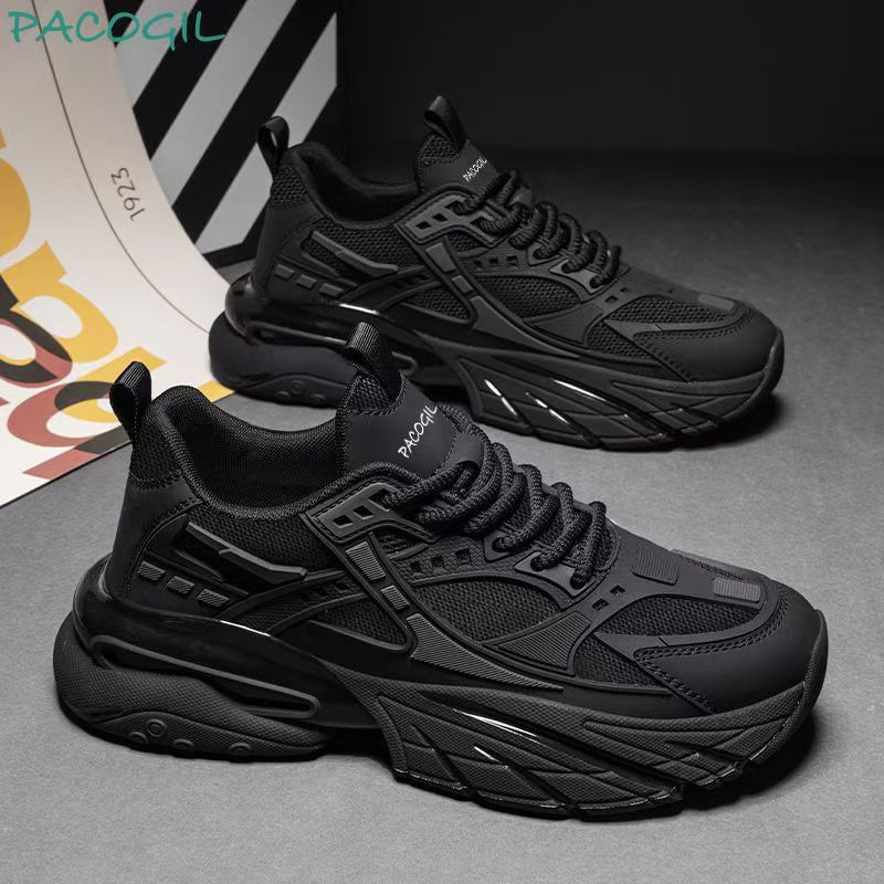 Black Warrior Leather Face Black Sports Shoes Dad Shoes Versatile Fashion Casual Shoes Large Men's Sports Shoes