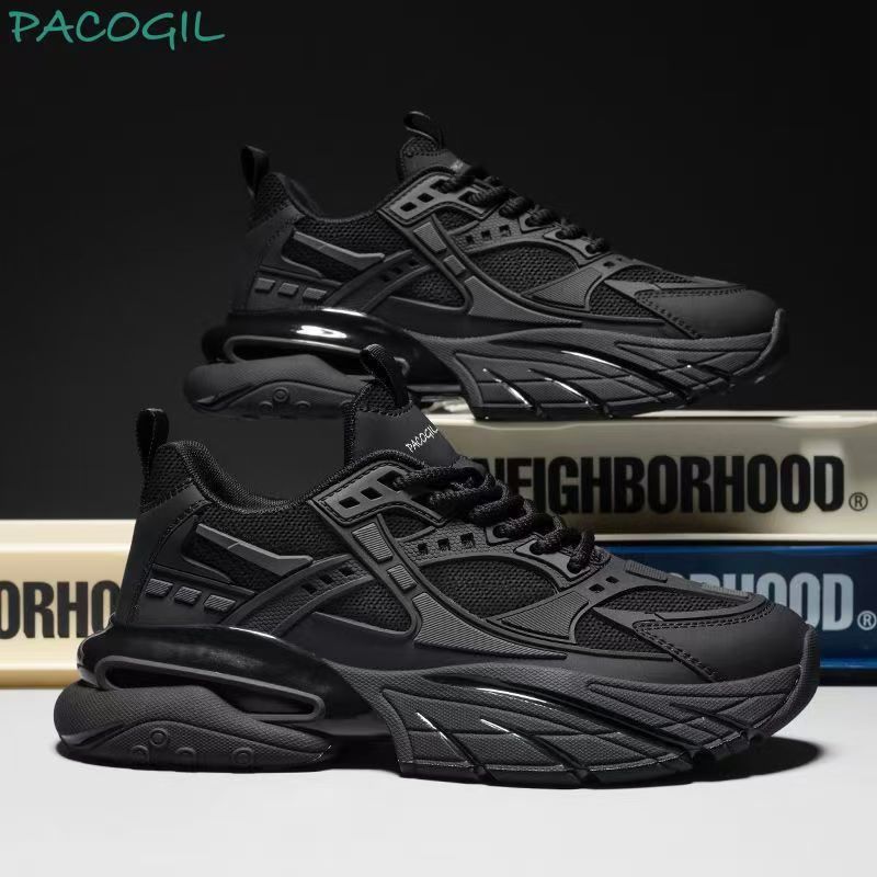Black Warrior Leather Face Black Sports Shoes Dad Shoes Versatile Fashion Casual Shoes Large Men's Sports Shoes