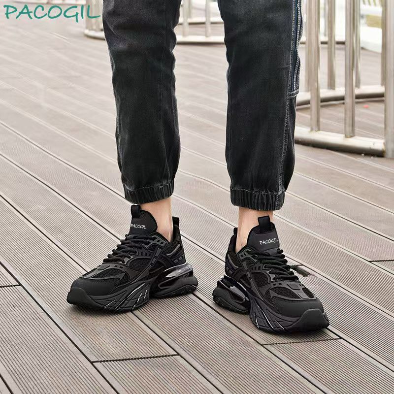 Black Warrior Leather Face Black Sports Shoes Dad Shoes Versatile Fashion Casual Shoes Large Men's Sports Shoes