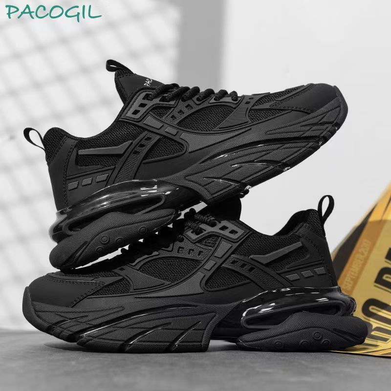 Black Warrior Leather Face Black Sports Shoes Dad Shoes Versatile Fashion Casual Shoes Large Men's Sports Shoes