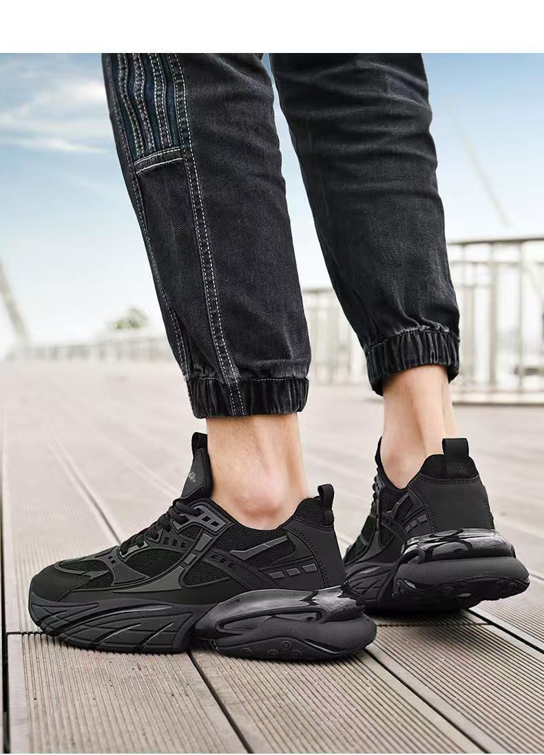 Black Warrior Leather Face Black Sports Shoes Dad Shoes Versatile Fashion Casual Shoes Large Men's Sports Shoes