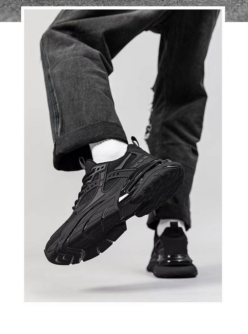 Black Warrior Leather Face Black Sports Shoes Dad Shoes Versatile Fashion Casual Shoes Large Men's Sports Shoes