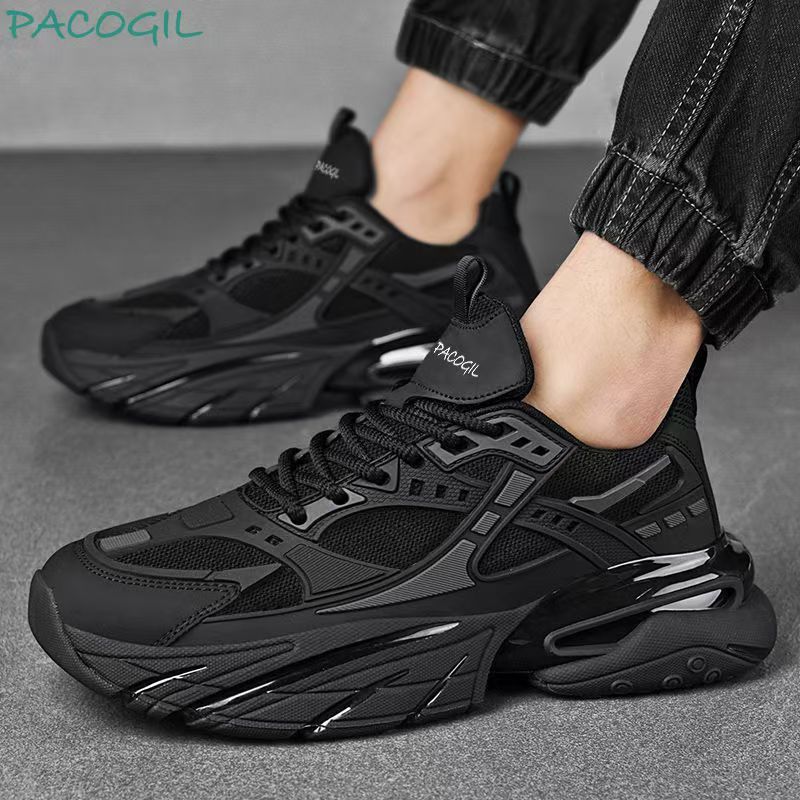 Black Warrior Leather Face Black Sports Shoes Dad Shoes Versatile Fashion Casual Shoes Large Men's Sports Shoes
