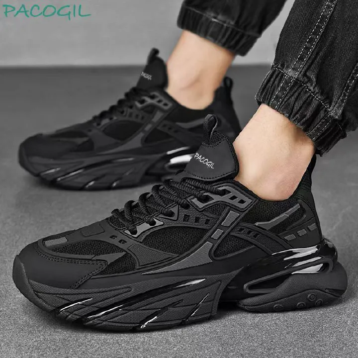 Black Warrior Leather Face Black Sports Shoes Dad Shoes Versatile Fashion Casual Shoes Large Men's Sports Shoes