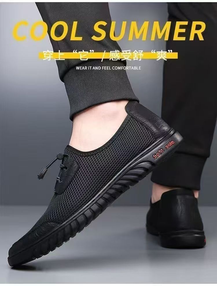 One foot men's breathable mesh shoes are lightweight casual shoes with cold air conditioning soft soles and thin black work shoes. They are lightweight and non slip work men's shoes.