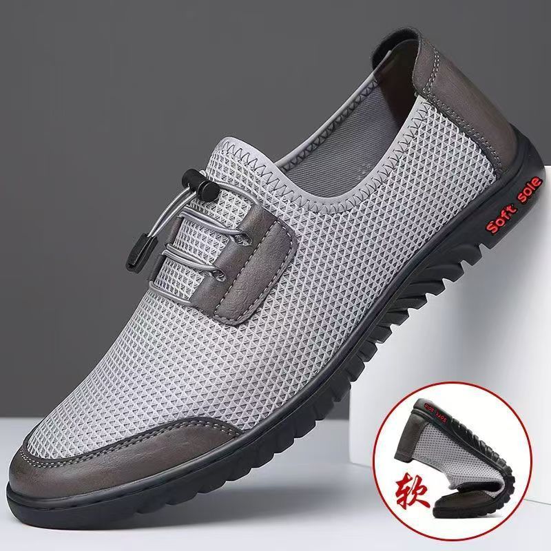 One foot men's breathable mesh shoes are lightweight casual shoes with cold air conditioning soft soles and thin black work shoes. They are lightweight and non slip work men's shoes.