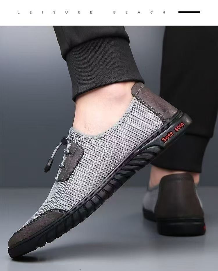 One foot men's breathable mesh shoes are lightweight casual shoes with cold air conditioning soft soles and thin black work shoes. They are lightweight and non slip work men's shoes.