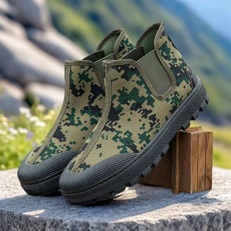 Liberation shoes, men's construction site anti-slip wear-resistant camouflage safety shoes, work and leisure high-top yellow rubber shoes, sneaker