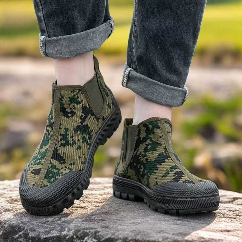 Liberation shoes, men's construction site anti-slip wear-resistant camouflage safety shoes, work and leisure high-top yellow rubber shoes, sneaker