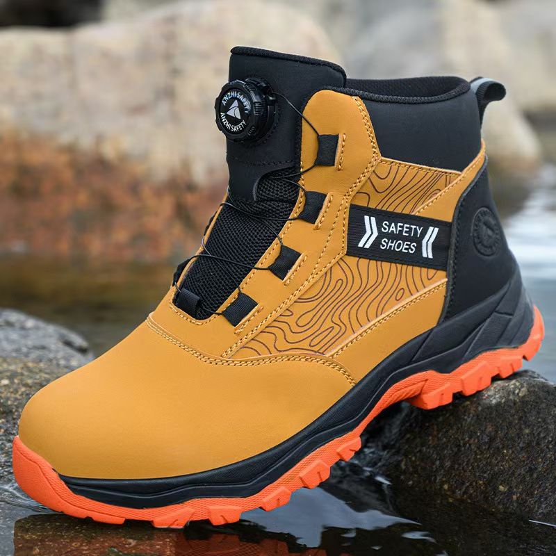 High-top safety shoes for men, steel toe cap, anti-smashing, anti-puncture, rotary buckle, anti-slip, wear-resistant, safety shoes, work shoes, safety protective shoes.