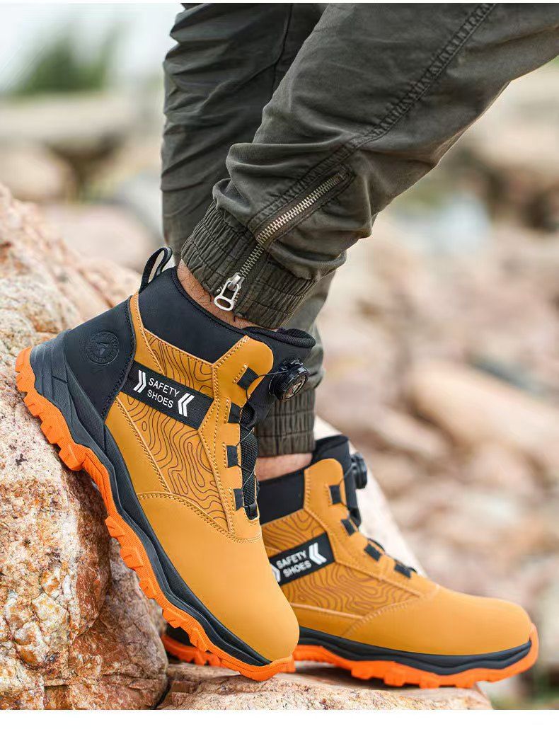High-top safety shoes for men, steel toe cap, anti-smashing, anti-puncture, rotary buckle, anti-slip, wear-resistant, safety shoes, work shoes, safety protective shoes.