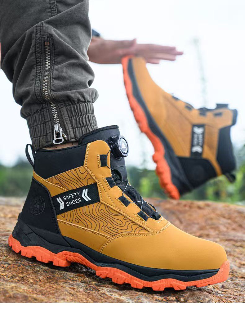 High-top safety shoes for men, steel toe cap, anti-smashing, anti-puncture, rotary buckle, anti-slip, wear-resistant, safety shoes, work shoes, safety protective shoes.