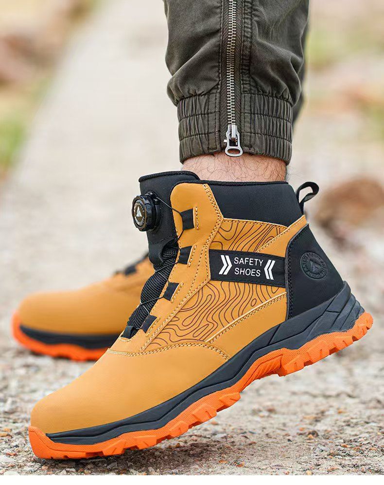 High-top safety shoes for men, steel toe cap, anti-smashing, anti-puncture, rotary buckle, anti-slip, wear-resistant, safety shoes, work shoes, safety protective shoes.